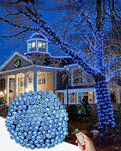 328FT 1000 LED Outdoor Fairy String Lights, IP65 Waterproof Outside Lights with Remote Control, 8 Lighting Modes, Dimmable Timer, Hanging LED Lamp for Garden, Patio, Christmas, Yard, Fence, Tree, Blue