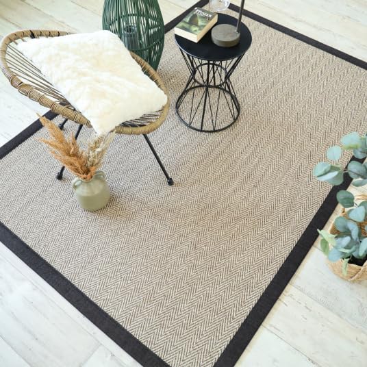 Tapis sisal - Maya chevron beige - Ganse chenille brun chiné - 80 x 150 cm