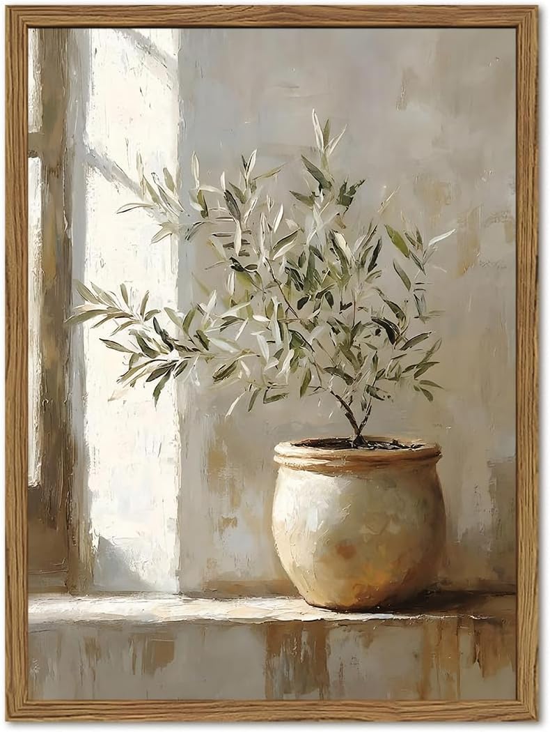 Framed Vintage Olive Tree Canvas Wall Art, Rustic Botanical Pictures Wall Decor, Neutral Potted Plant Paintings Prints Farmhouse Aesthetic Home Decor for Living Room Bedroom Kitchen 12x16 In