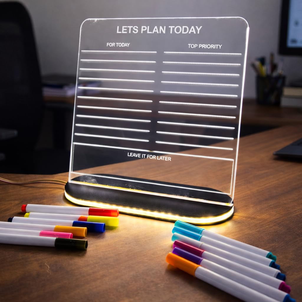 Zesta 3D Acrylic Writing Pad with LED Light & Pen – Glow Art Message Board | Aesthetic Desk Decor | Unique Gift for Men, Girls, Teens, Students | Cool Gadgets & Stationery Items (Lets Plan 20X20 Cms)