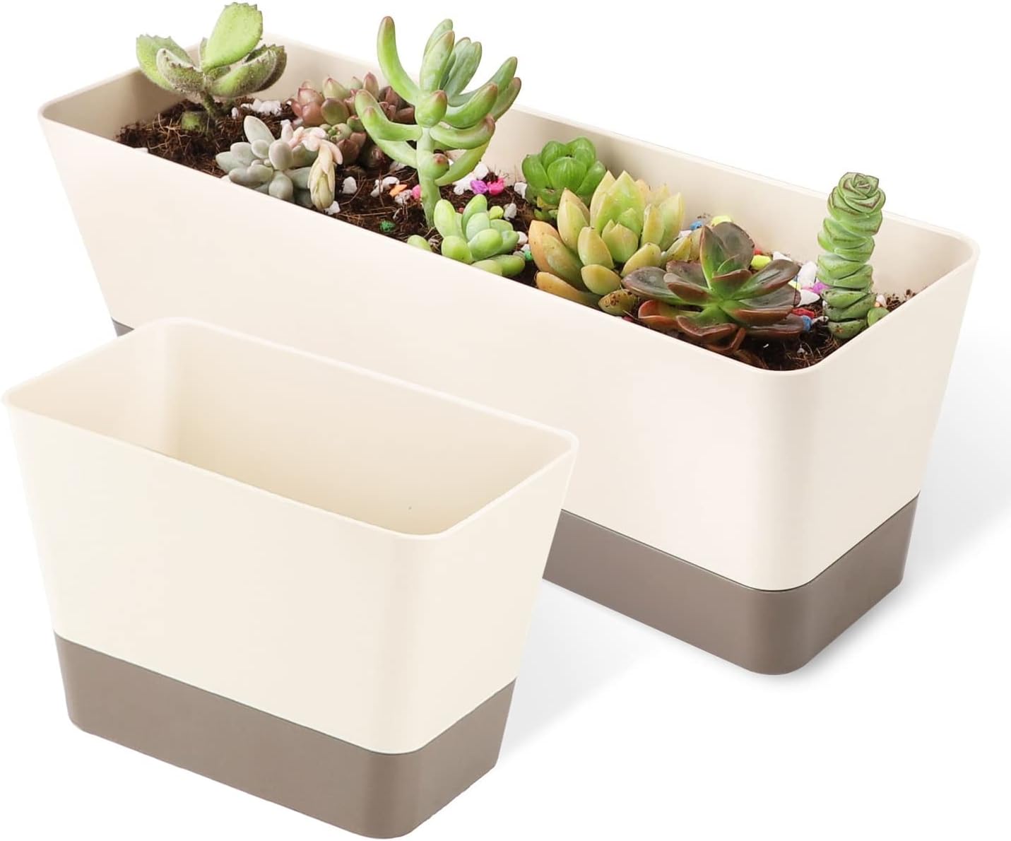 2 Pack Window Box Planter, Suream 16x3.8 Inch/12x3.8 Inch Indoor Succulent Pots with Tray, Plastic Rectangle Plants, Cactus Containers for Office, Windowsill, Garden Balcony, Porch Outdoor Decoration