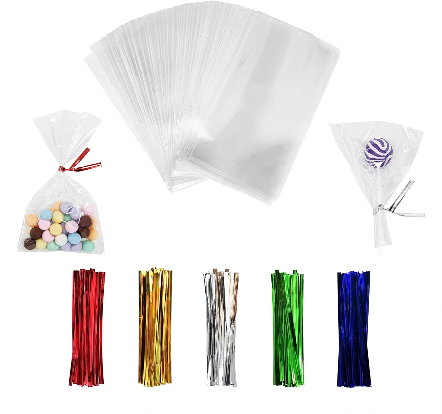 100PCS Cellophane Bags 3×5 inches, Clear Treat Bags with 4’’ Twist Ties, Plastic Cello Bags – 1.4 mils Thick OPP Rice Crispy Bags for Gift Goodie Favor Candy Cake Pop Birthday Party Cookies (3’’ x 5’’)