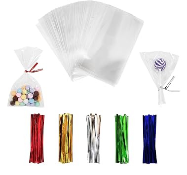 100PCS Cellophane Bags 3x5 inches, Clear Treat Bags with 4 Twist Ties, Plastic Cello Bags - 1.4 mils Thick OPP Rice Crispy Bags for Gift Goodie Favor Candy Cake Pop Birthday Party Cookies 3 x 5