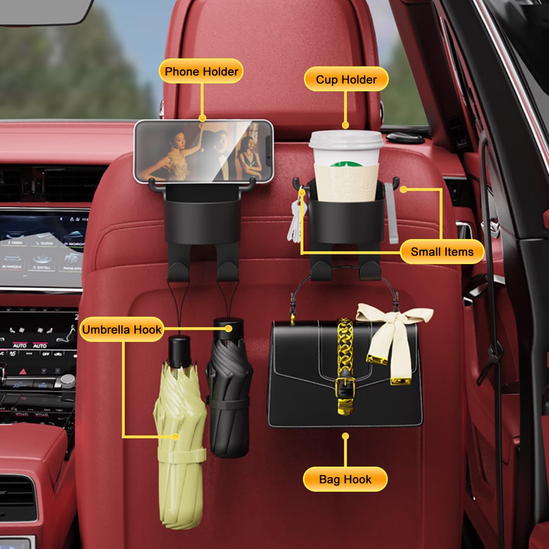Voyyphixa Cute Multifunctional Hook for Car Seat Back, Portable Organizer Holder Hooks for Cup Holder Car Back Hanging Mount for Purse Coats Umbrellas 2 in 1 Car Hook & Backseat Cup Holder (1Pcs)