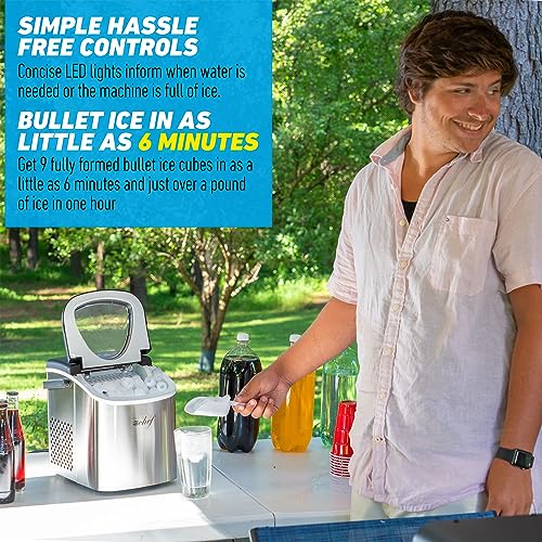 Deco Compact Countertop Ice Maker, 26LBs in 24HRs, 9 Bullet Ice Cubes Ready in 6 Minutes, Lightweight and Portable with Handle, Ice Basket, and Ice Scoop, Stainless Steel