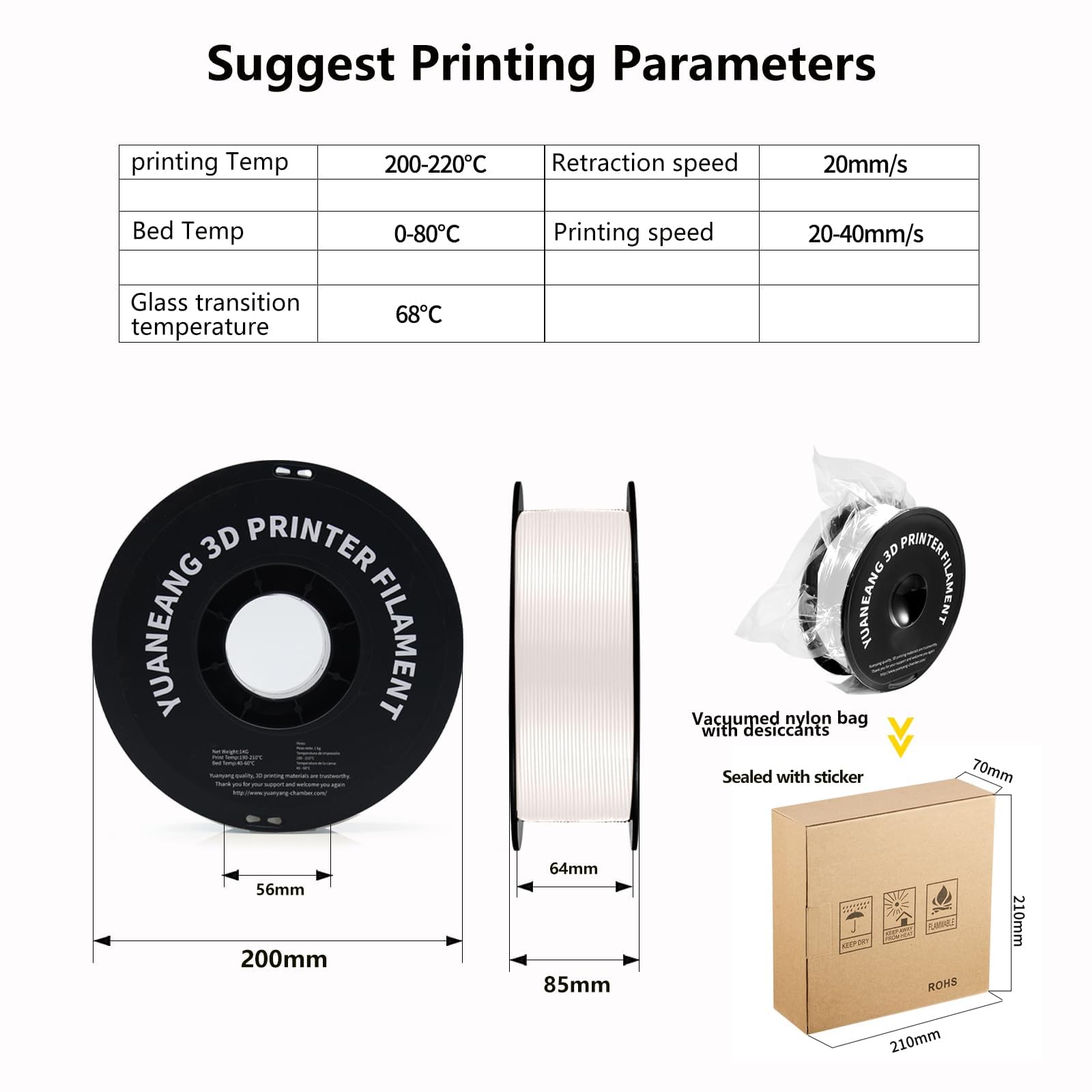 Lot de 10 rouleaux de filament PETG pour imprimante 3D, précision dimensionnelle +/- 0,03 mm, bobine de 1 kg, 1,75 mm, convient à la plupart des imprimantes 3D, 10 kg blanc