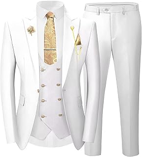 3 Pieces Suits for Mens Slim Fit Gold Button Double Breasted Suit Men Tuxedos Wedding Suits Set Mens White Suit