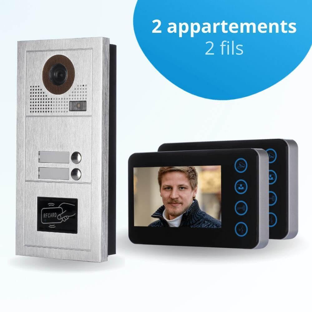 Portier interphone vidéo Modern 2 Fils - 2 Appartements - 2 écrans Noirs - avec Lecteur de Badge
