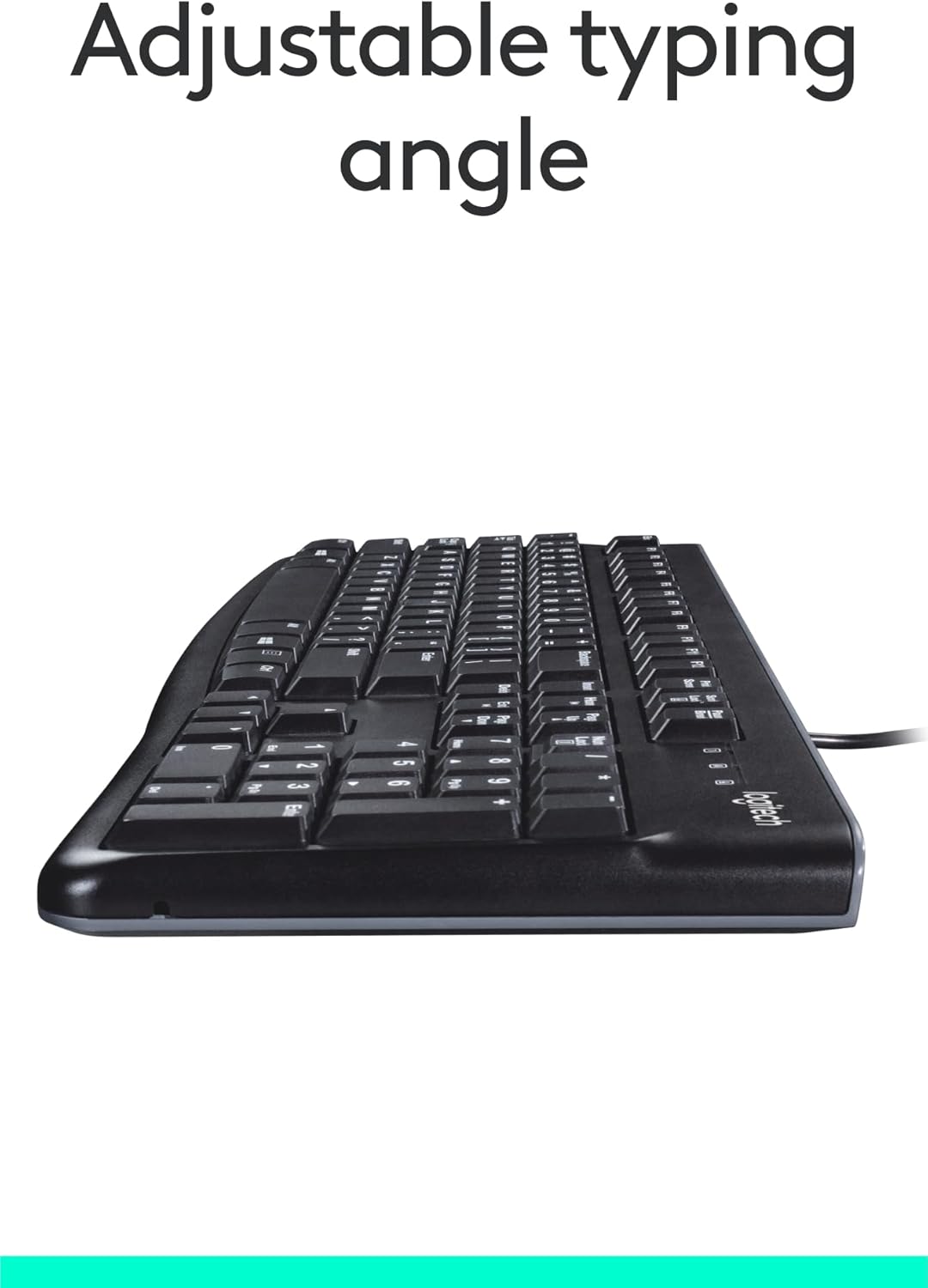 Side view of Logitech keyboard showing adjustable typing angle with tilt legs extended