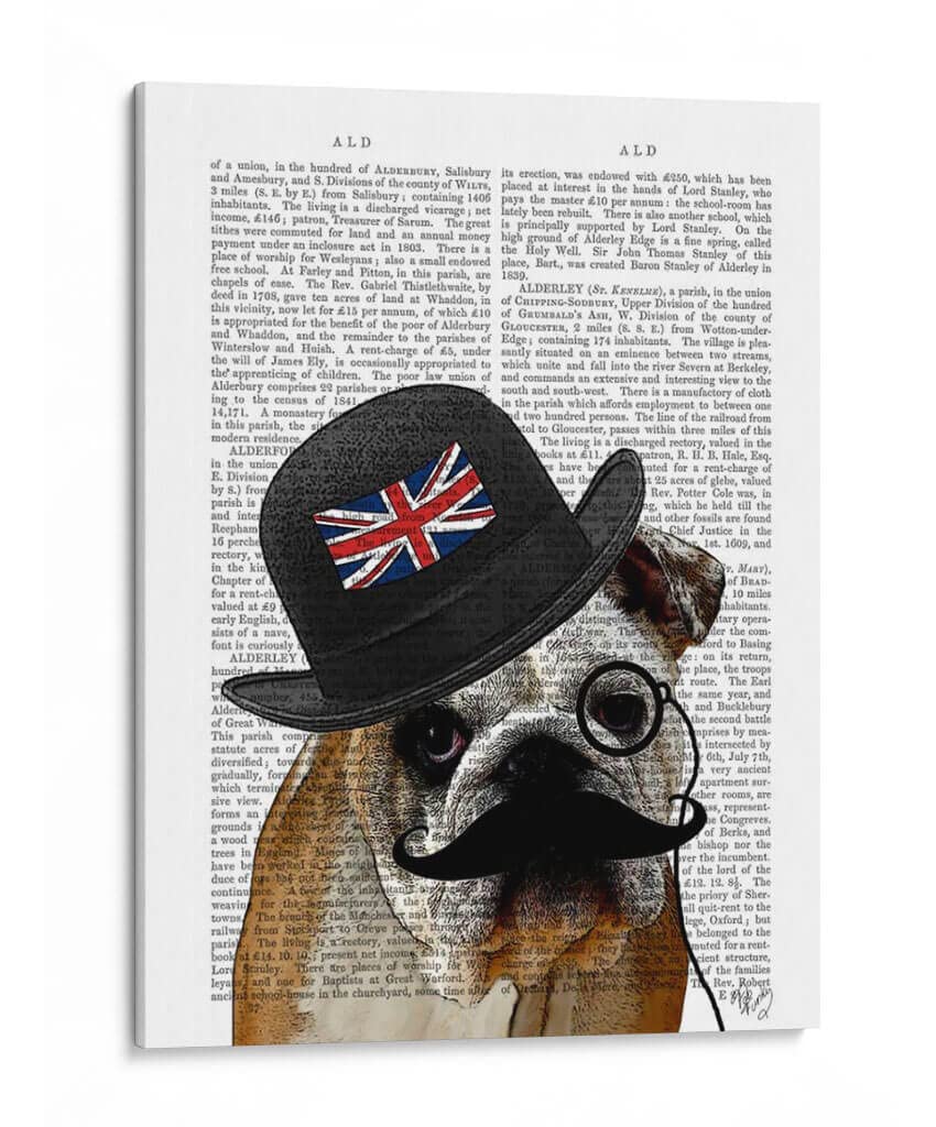 Canvas Lab Canvas Wall Art Decor British Bulldog and Bowler Hat by the Artist Fab Funky – Size: 15 x 20 in - Art subject: Animals,Dogs,Nature,Nature and animals