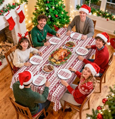 HEIPINIUYE 3 Pack Christmas Tablecloth Disposable 54 x 108 Inch Red and White Xmas Plastic Table Cloth Disposable Rectangle Table Cover for Christmas Birthday Picnic Party Xmas Tablecloths – Image 3