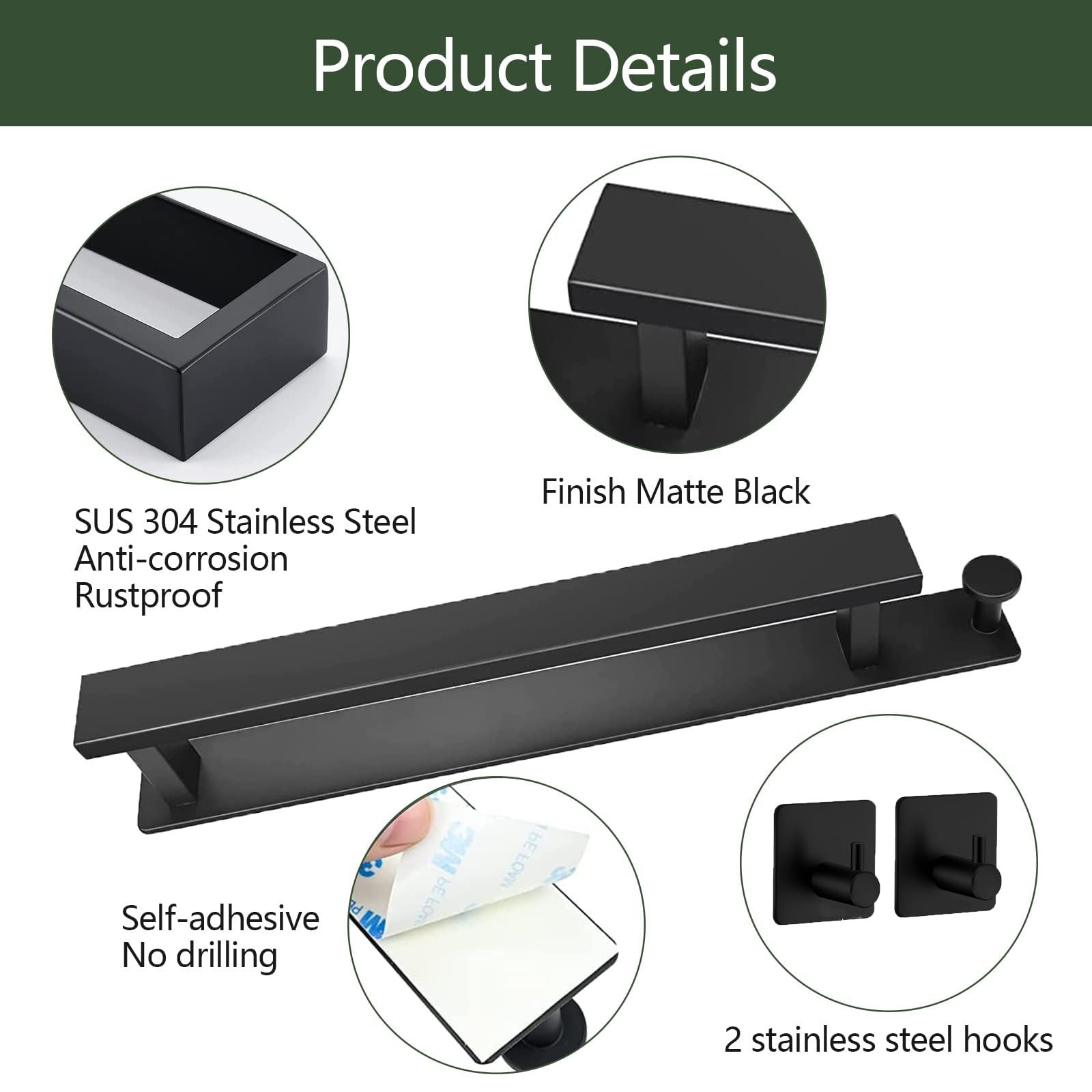 Toalleros, Toallero, Riel para Toallas Autoadhesivo de Acero Inoxidable304 Grueso para Baño, Soporte para Toallas de Baño, Riel para Toallas de Pared Resistente/Negro/40 cm
