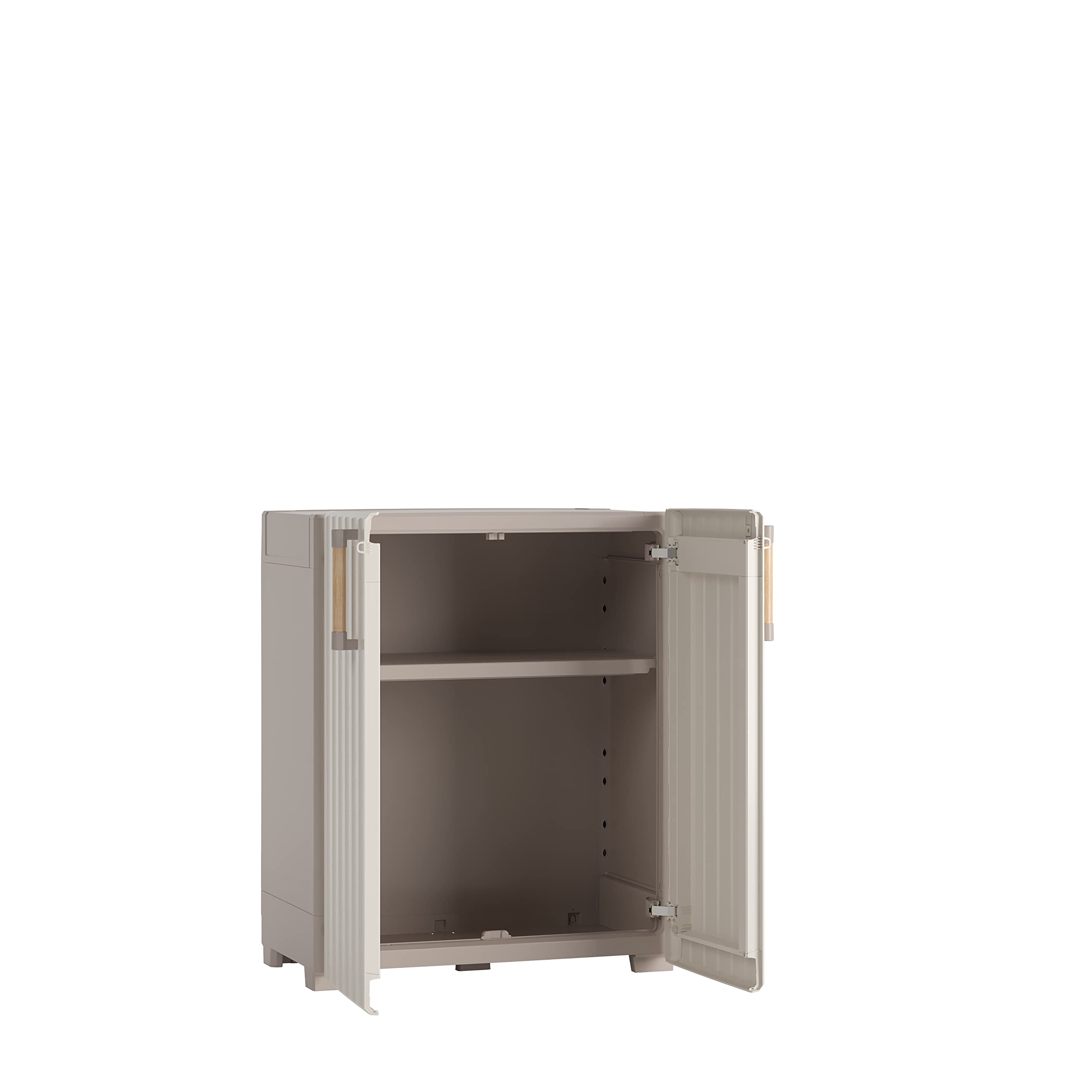 Keter Armoire Groove Faible - 80 cm x 98 cm x 45 cm - Beige - Étanche - Étagères renforcées - Poignées en bois - Pieds réglables - Cadenas - Résine recyclée - Multi-pièces - Extérieur et polyvalent
