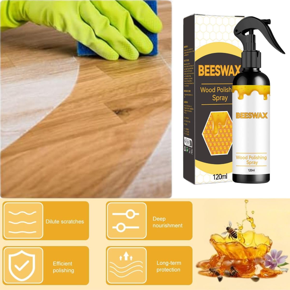 2PCS Beeswax Spray Wood Floor Icleaning Polish, Furniture Cleaning Polish, Wuitable for Living Room, Kitchen and Wood Furniture Floor Cleaning, Environmental Friendly, Non-Toxic, Pure Beeswax