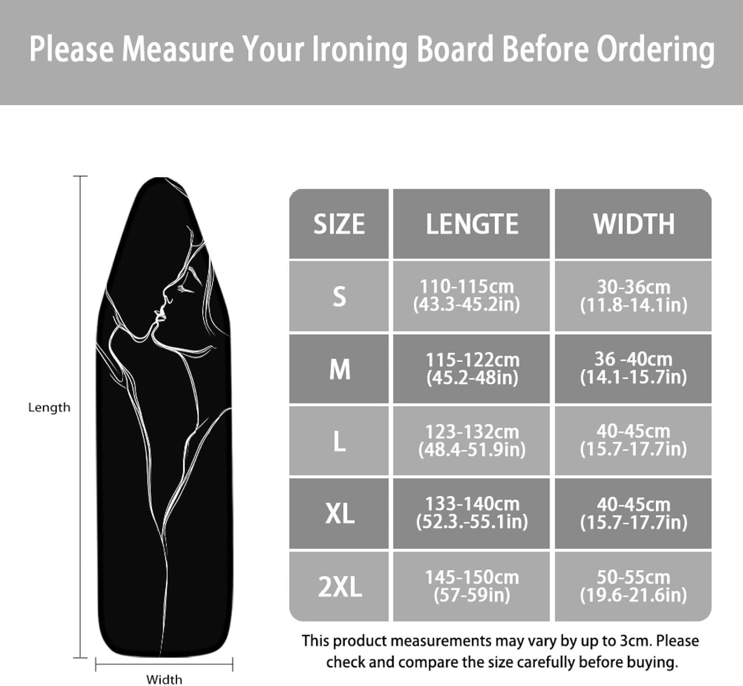 Large Ironing Board Cover and Pad 59x19 Black Geometric Art Iron Table Cover with Padding,Extra Wide,Resist Scorching and Staining,Heatproof,Adjustable Fastener Durable Stain