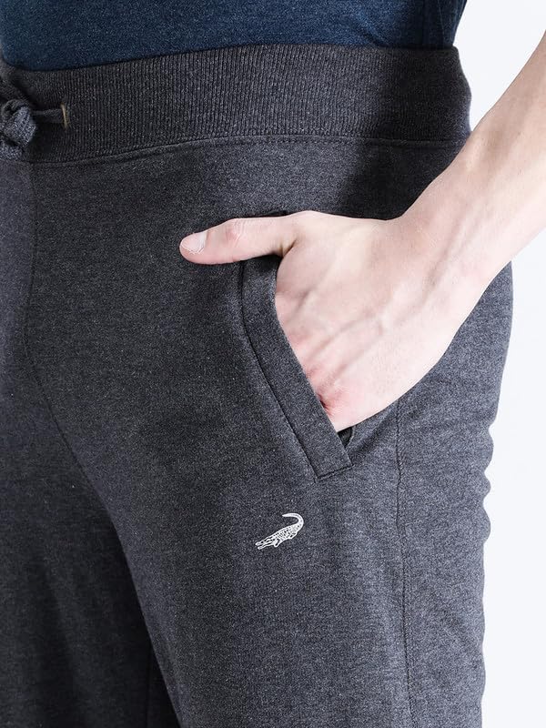 Image of CROCODILE Men Solid Ankle Length Joggers | French Terry Cotton | Drawstring Waist | 3 Pockets