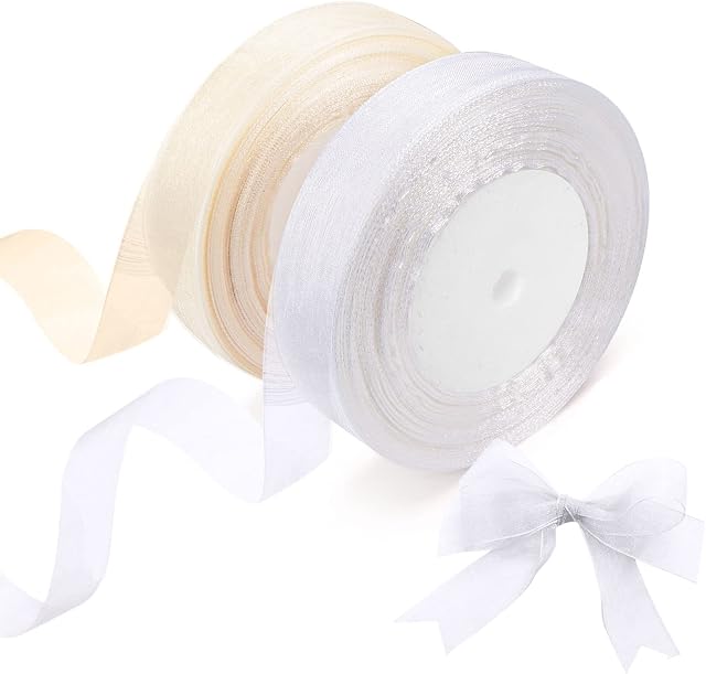 2 Rolls of Organza Ribbon, Clear Chiffon Ribbon, 20mm x 45m Each, for DIY Crafts, Ribbons for Gift Wrapping, Birthday Party Ribbon Decoration(White Ribbon)