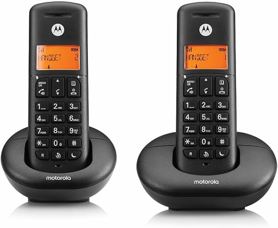 Motorola E202 Cordless Landline House Phone, Home Phone, Nuisance Call Blocking, Do Not Disturb Button, Amber Backlit Display, Twin Handset Pack