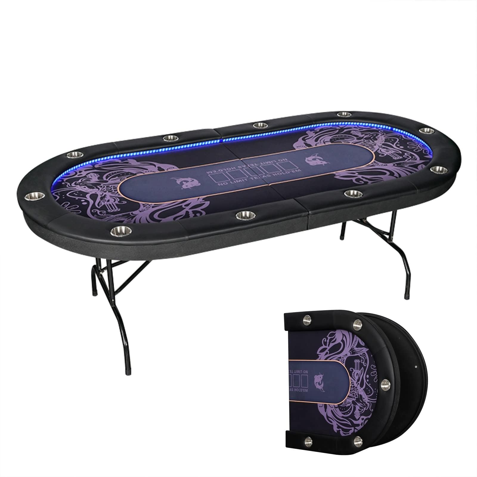 FQMYLTYN Foldable Poker Table, 10 Player Folding Poker Tables w/Collapsible Legs, Casino Leisure Table Top Texas Holdem Poker Table, Built-in Blue LED Lights, Stainless Steel Cup Holders - 213x106cm