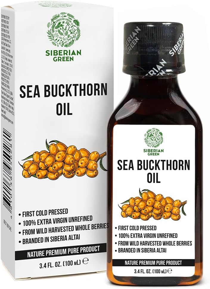 Siberian Green Sea Natural Organic Extra Virgin Cold Pressed Unrefined Raw No-GMO Vegan Buckthorn Oil (100ml / 3.4fl. oz)