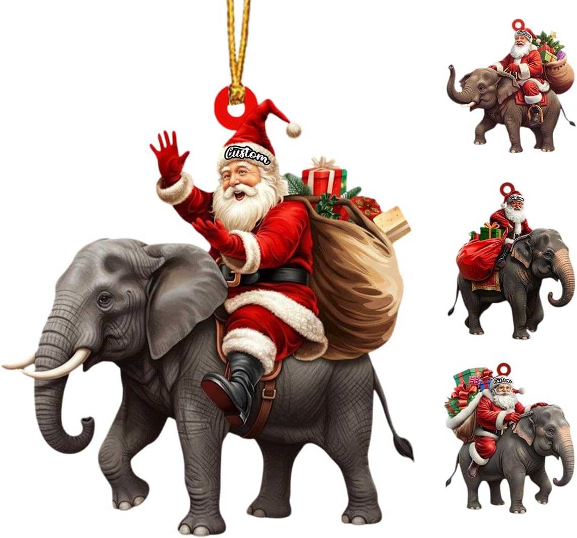 Santa Riding Elephant Acrylic 2D Flat Christmas Ornament, Festive Tree Hanging Acrylic Holiday Decoration, Unique Santa Riding Elephant Gift