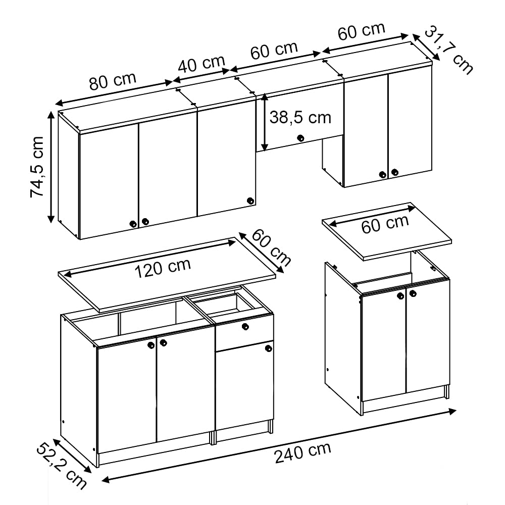 Vicco Mobile da cucina Bergamo, Bianco, 240 cm, PL Goldkraft, con moduli posizionabili variabilmente per una personalizzazione individuale