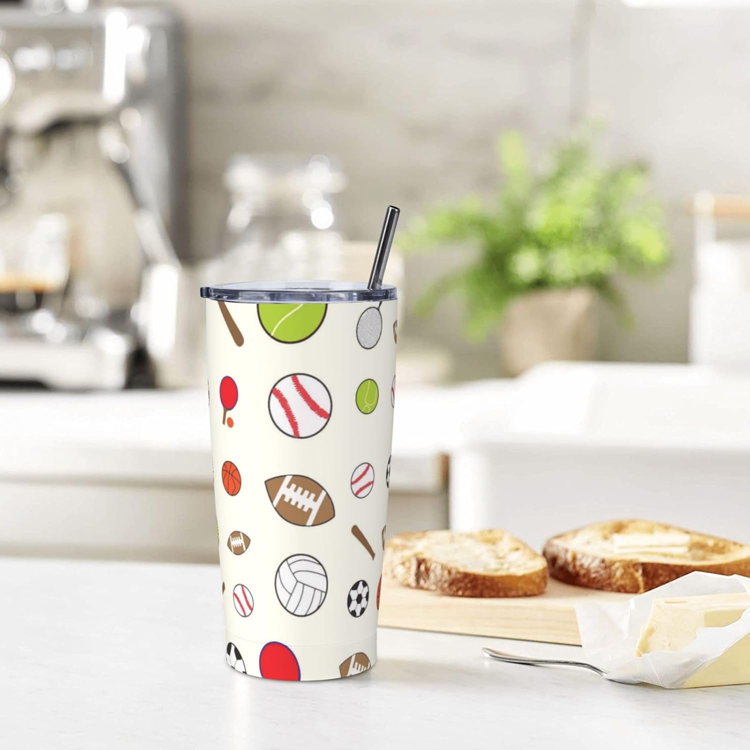 Sports 20oz Tumbler with Lid and Straw for Women Men, Basketball Football Soccer Baseball Insulated Mug Ball Sports Lover Stainless Steel Tumbler Double Wall Vacuum Travel Mug Coffee Cup - Image 6