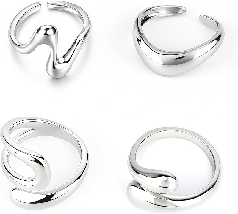 Mikovivi 4pcs Chunky Rings Set for Women, Alloy Adjustable Bold Stackable Statement Bands Trendy Wide Irregular Finger Rings for Fashion & Aesthetic Jewelry