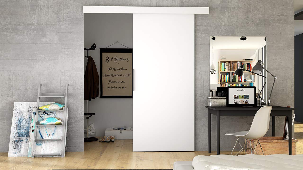 Mirjan24 Schiebetürsystem Flash I mit Selbstschließer Zimmertür Aluminiumgriff Komplett-Set für Schiebetüren, Tür Innentüren Trennwände (Weiß, Modell: 90)