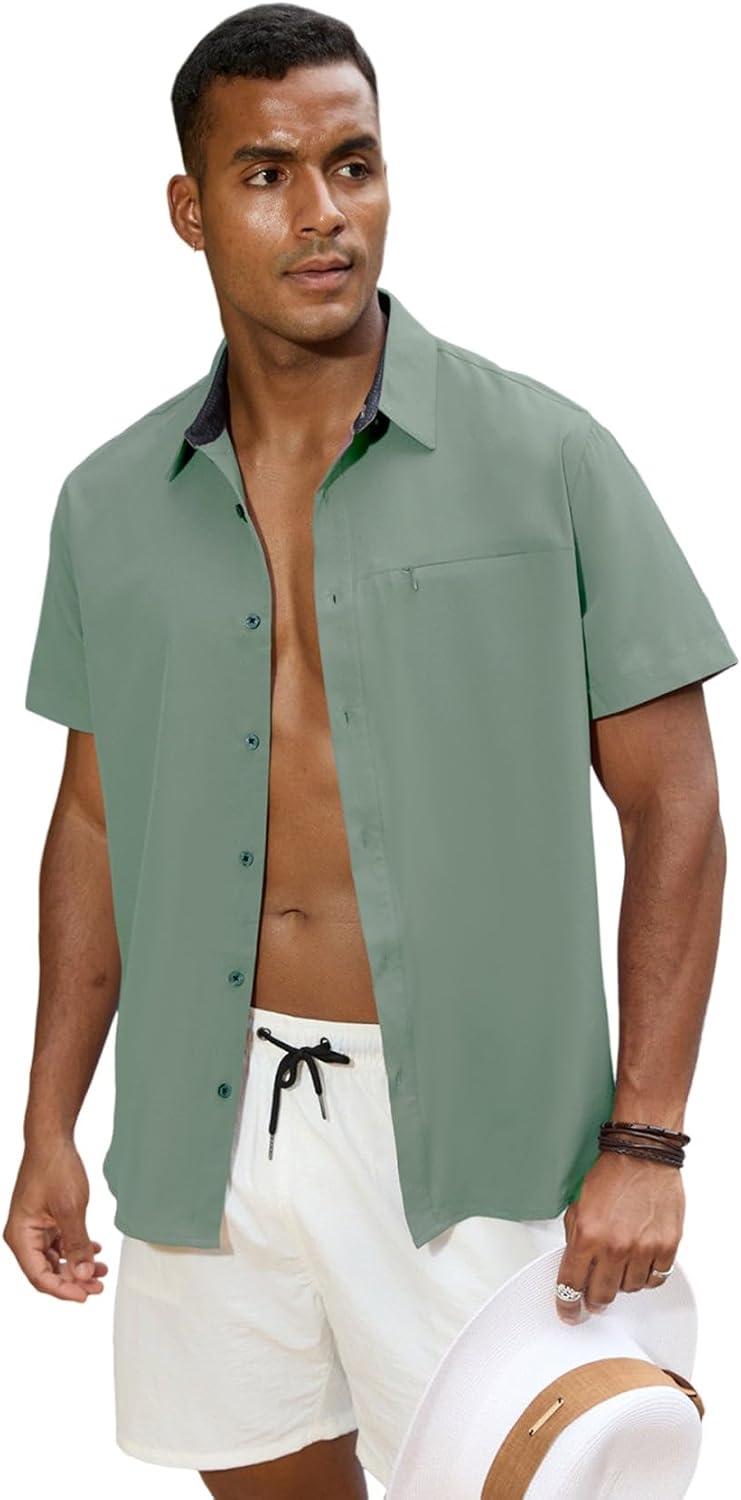 GSOU SNOW Mens Fishing Shirts Short Sleeve Button Up Hiking Shirt Cooling Quick Dry Vented