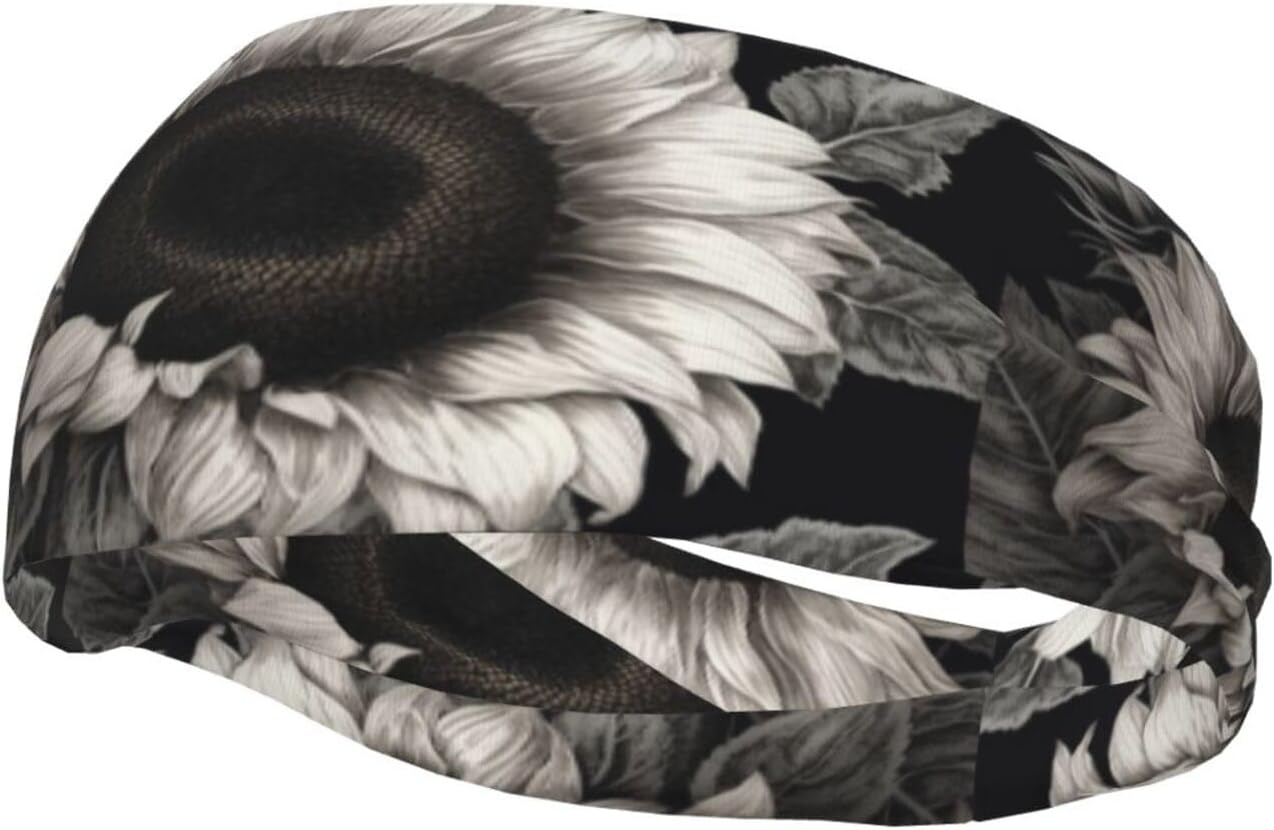 Sunflower Black Grey Sports Sweatband Head Bands for Women Men, Lightweight Breathable Non Slip Workout Headbands Hairband for Fitness Running Cycling Hiking Yoga