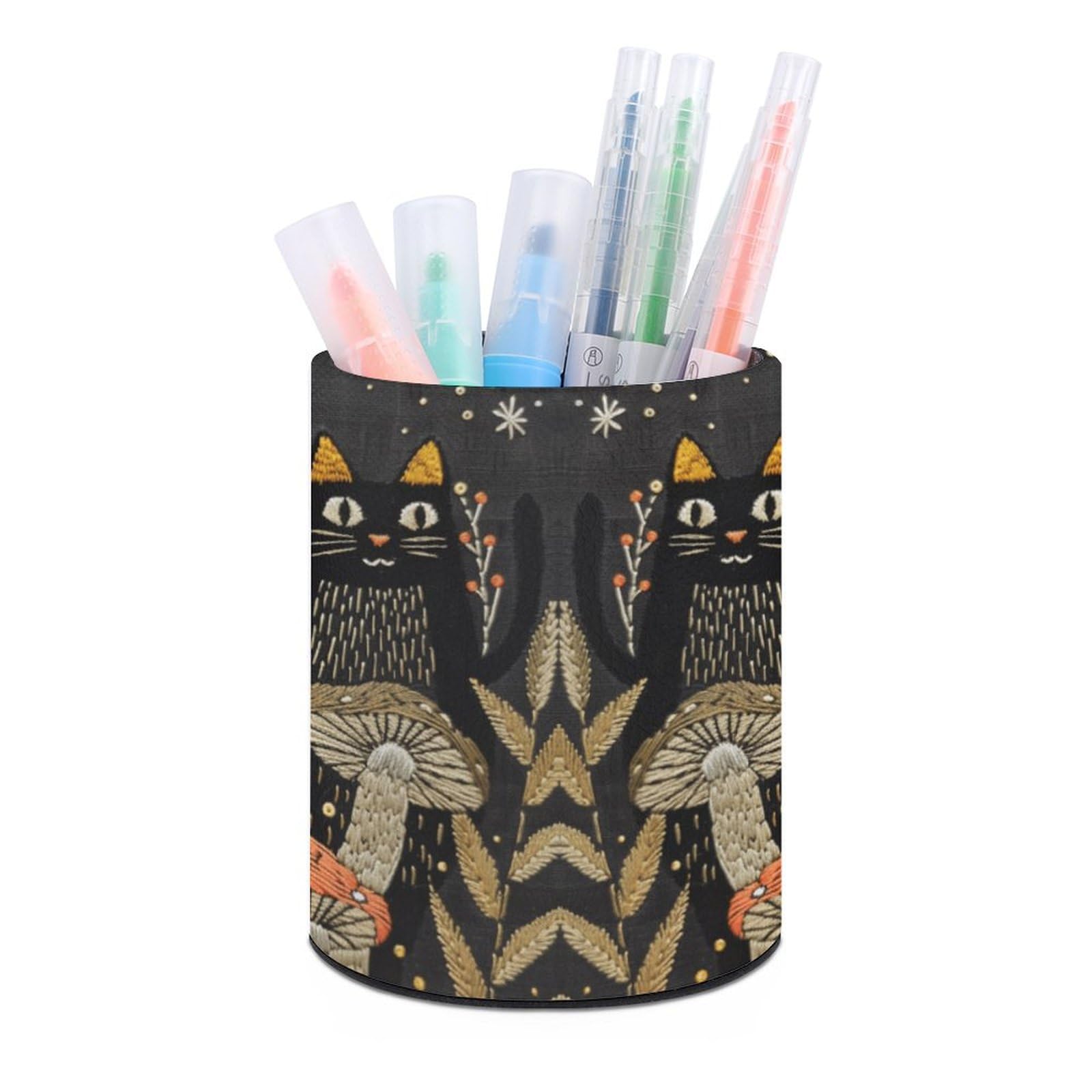 KLOPH PU Leather Pen Holder for Desk, Aesthetic Pencil Cup for Desktop, Makeup Brush Srotage for PenOrganizer Office Supplies, Cats And Mushrooms Pen Cup Pencil Caddy for Home Art Supply