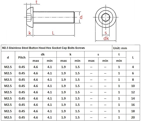 300Pcs Metric M2.5 304 Stainless Steel Button Head Hex Socket Cap Bolts Screws Nuts Assortment Kit- M2.5 x 4mm/ 6mm/ 8mm/ 10mm/ 12mm/ 14mm/ 16mm/ 18mm/ 20mm