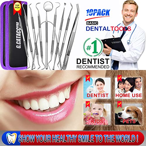 Dental Tools, 10 Pack Professional Plaque Remover Teeth Cleaning Tools Set, Stainless Steel Oral Care Hygiene Kit With Metal Plaque Cleaner, Tartar Scraper, Tooth Scaler, Tongue Scraper - With Case #TOP1