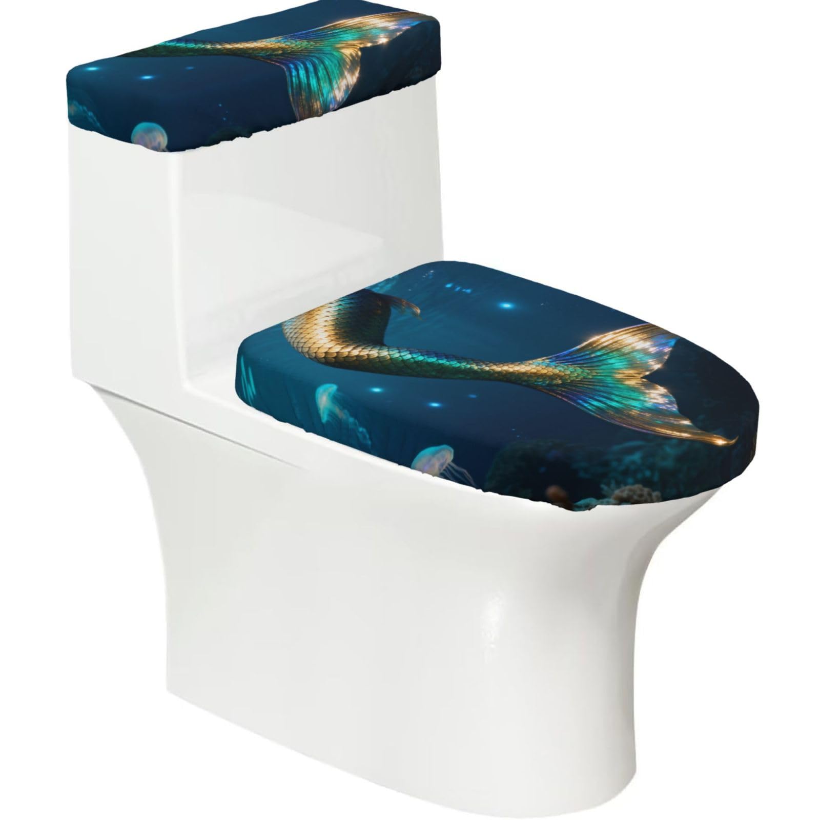 Mermaid Tail Scale Elastic Toilet Cover Set of 2-Stretchy Lid and Tank Covers for Bathroom, Soft Washable U Shape Toilet Decor