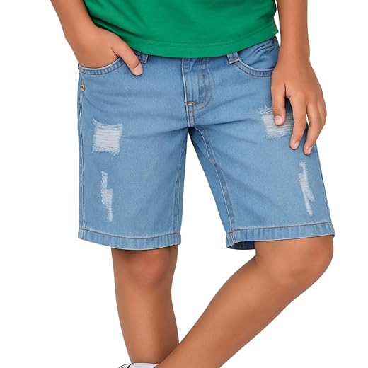 Bermuda Jeans Rasgada Infantil e Juvenil Menino, Lavagem Azul Clara e Azul Escura, Estilo Moderno, 2-16 Anos