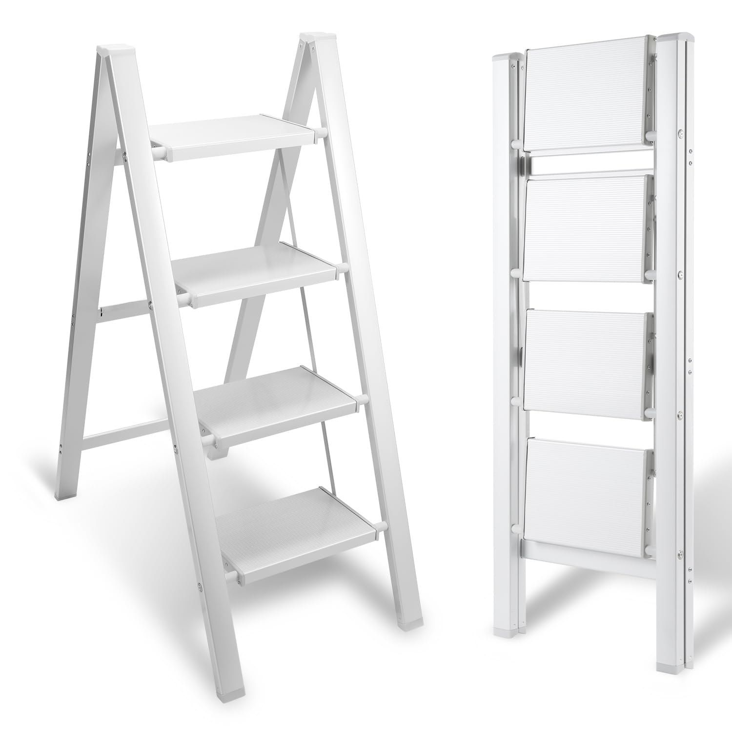 Eulenke Escalera plegable de aluminio de 4 peldaños, plegable, ligera, 4 peldaños, escalera antideslizante con cierre plegable, escalera plegable para el hogar, cocina, soporta hasta 150 kg, plateado