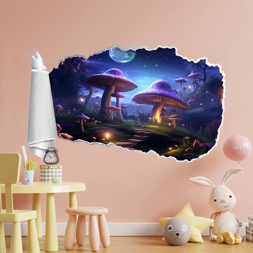 3D Wandaufkleber, Pilzmond Durchbruch Wandtattoos Deko Wand Selbstklebend Nachtansicht, Wand Aufkleber Wanddurchbruch Wandsticker für Zuhause, Schlafzimmer, Wohnzimmer
