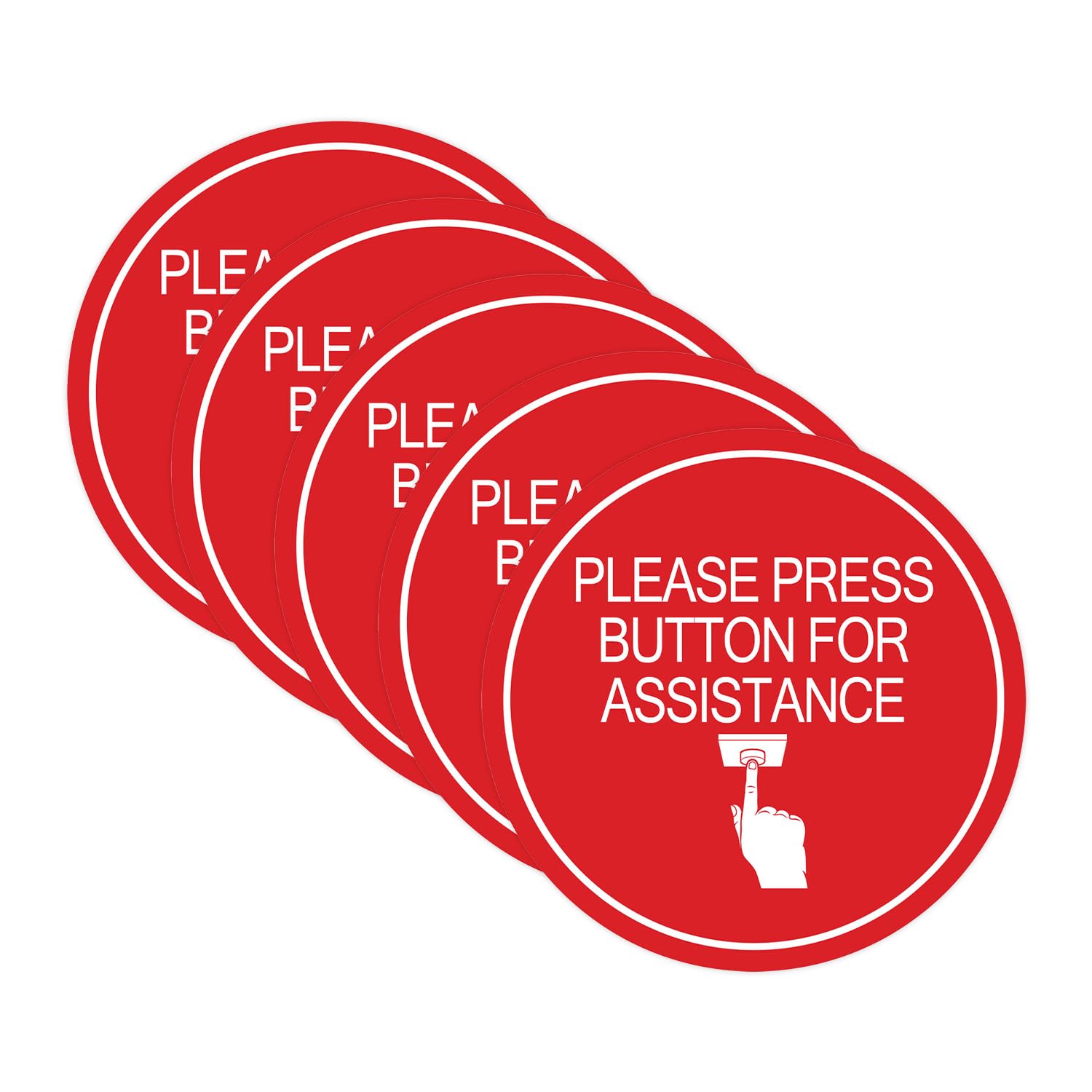 Signs ByLITA Circle Please Press Button For Assistance (hand on button) Sign (Red) - Small (5 Pack)