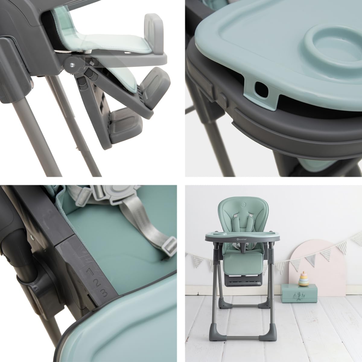 Olmitos Trona bebe multi posición ligera- Ajuste de altura y reclinable - Doble bandeja extraíble 3 posiciones - Funda de Polipiel Acolchada fácil limpieza- Arnés 5 Puntos hasta 3 años (Azul)