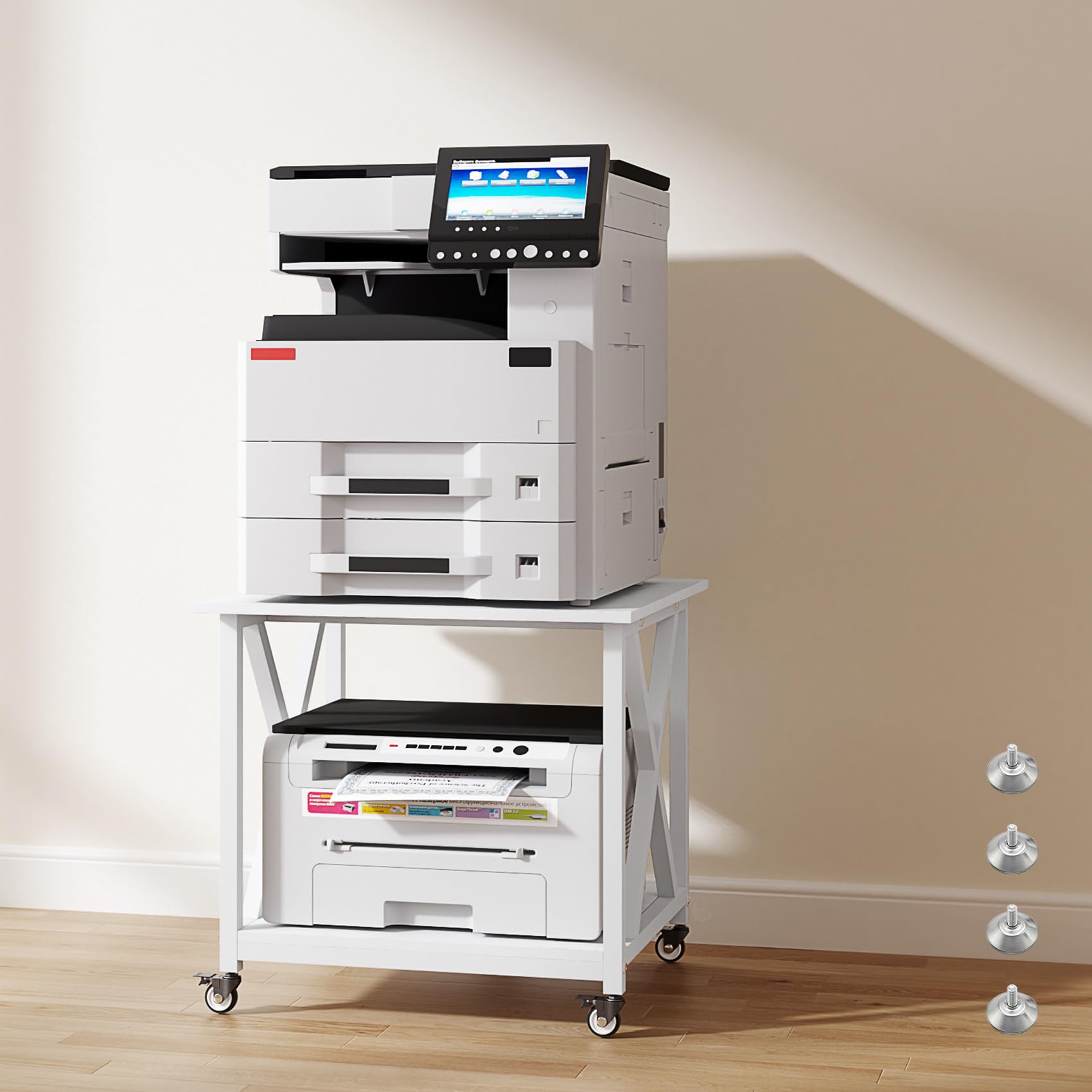 Carrito de impresora grande de 2 niveles y mesa de impresora con ruedas, soporte móvil de madera de 23.6 x 23.6 pulgadas para almacenamiento - para equipo de oficina en casa, lavadora/secadora