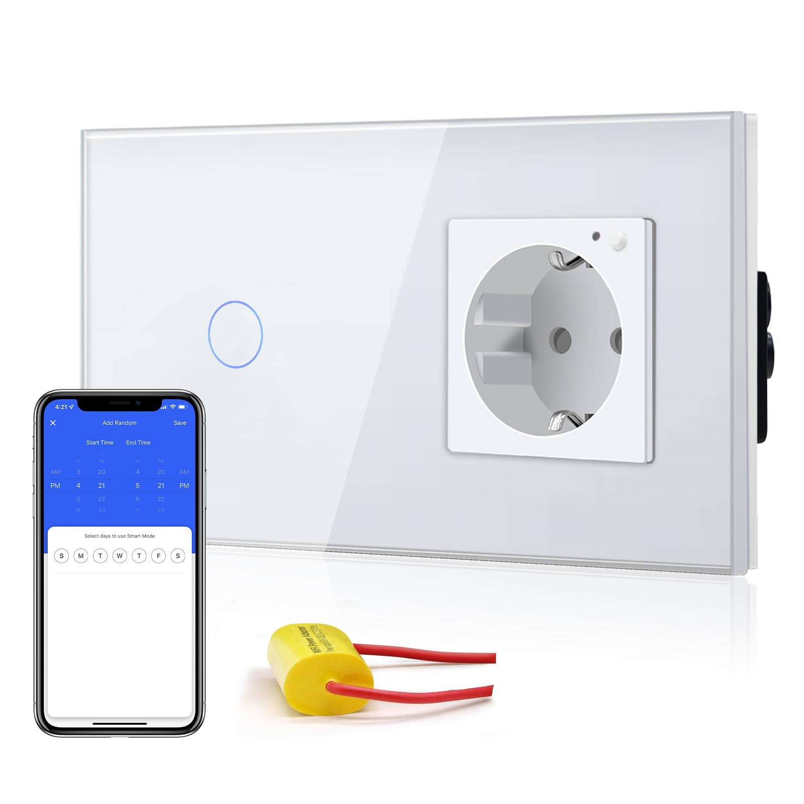 BSEED Single Live Smart Alexa, interruttore della luce con presa verticale in vetro, presa Schuko, interruttore della luce dal vivo con WiFi, 1 scomparto a 1 via, bianco