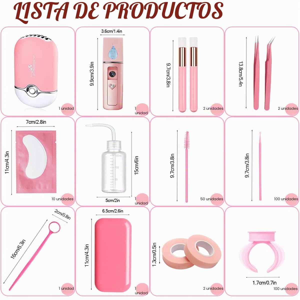Kit Extensión Pestañas Accesorios Lash Postiza Secador de Pestañas USB Nano Pulverizador Pinza Rímel Cepillo Parche Ojos Cinta Espejo Eyelash Cepillo de Champú Pegamento Anillo Botella de Lavado