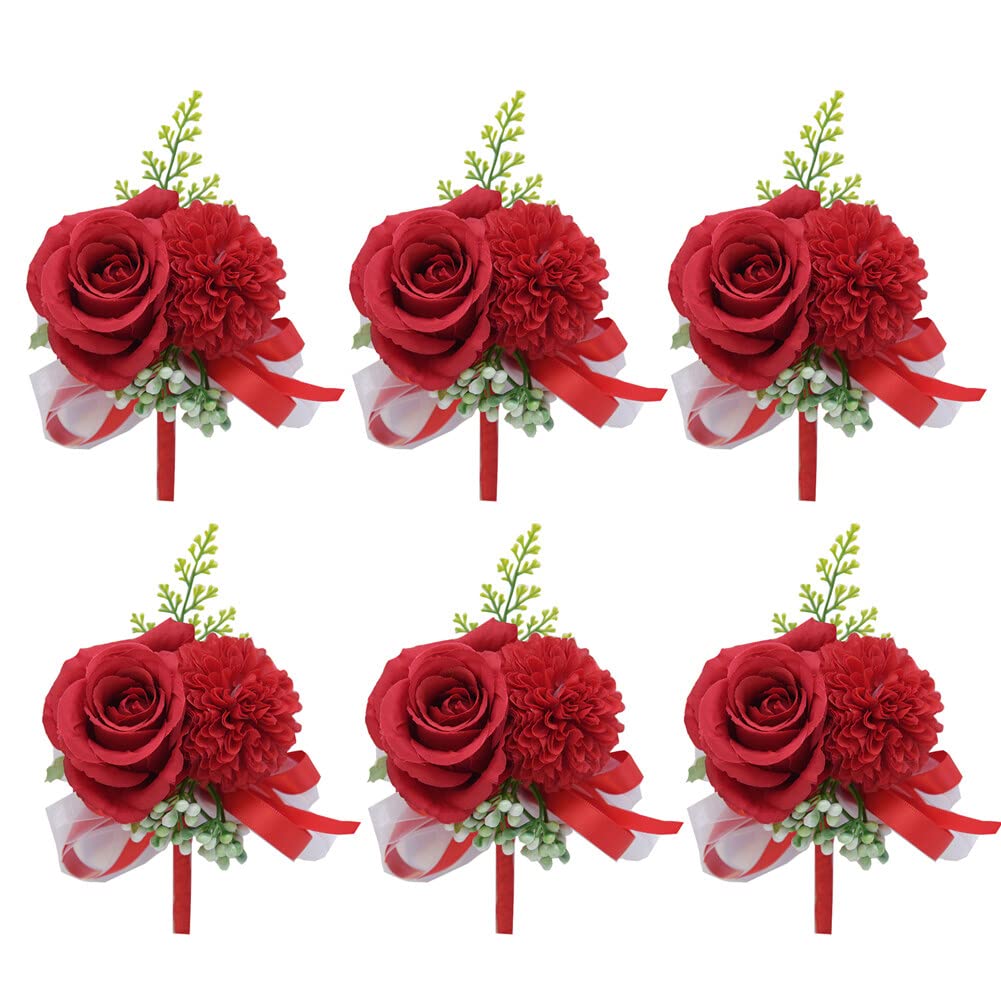 Pulsera de flores de boda, pulsera de dama de honor, 6 piezas de flores de ojal de boda, alfiler de solapa de flores, accesorio de ramillete for dama y hombre, ramillete de rosas artificiales for novi