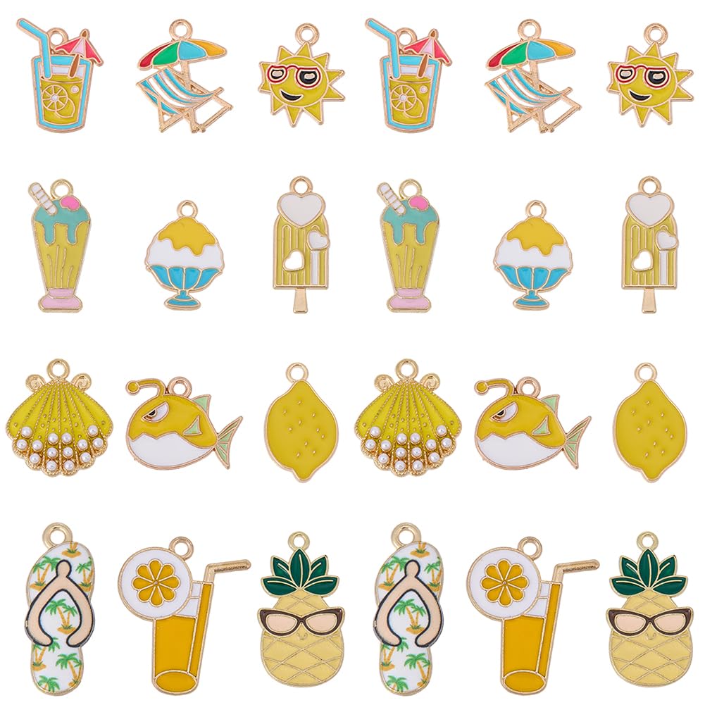 SUNNYCLUE 48 pz 12 stili Ananas Ciondoli Bracciale A Tema Hawaiano Ciondoli Spiaggia Estiva Gialla Bevanda Pesce Gelato Pendenti Piccoli Estetici In Lega per Creazione di Gioielli Braccialett