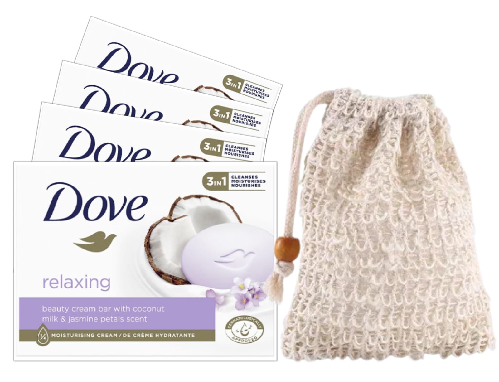 Wundle Bundle Soap Saver Exfoliating Pouch with 4 x Moisturising Soap Bars (Coconut Milk & Jasmine Petals)