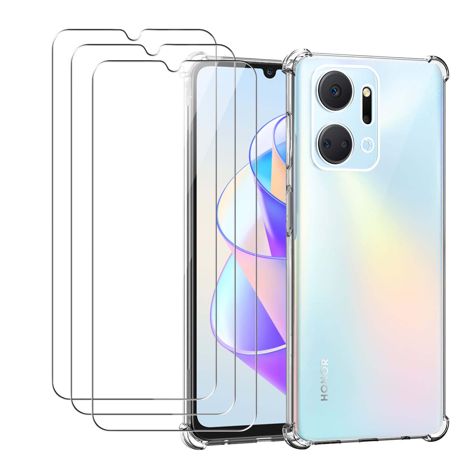 MEMELOKA Cover Per HONOR X7a Con 3 Vetri Temperati: Custodia Rigida PC + Bumper TPU Antiurto, Protezione Fotocamera Scorrevole, Slot Carte E Supporto Girevole - Bianca - 3