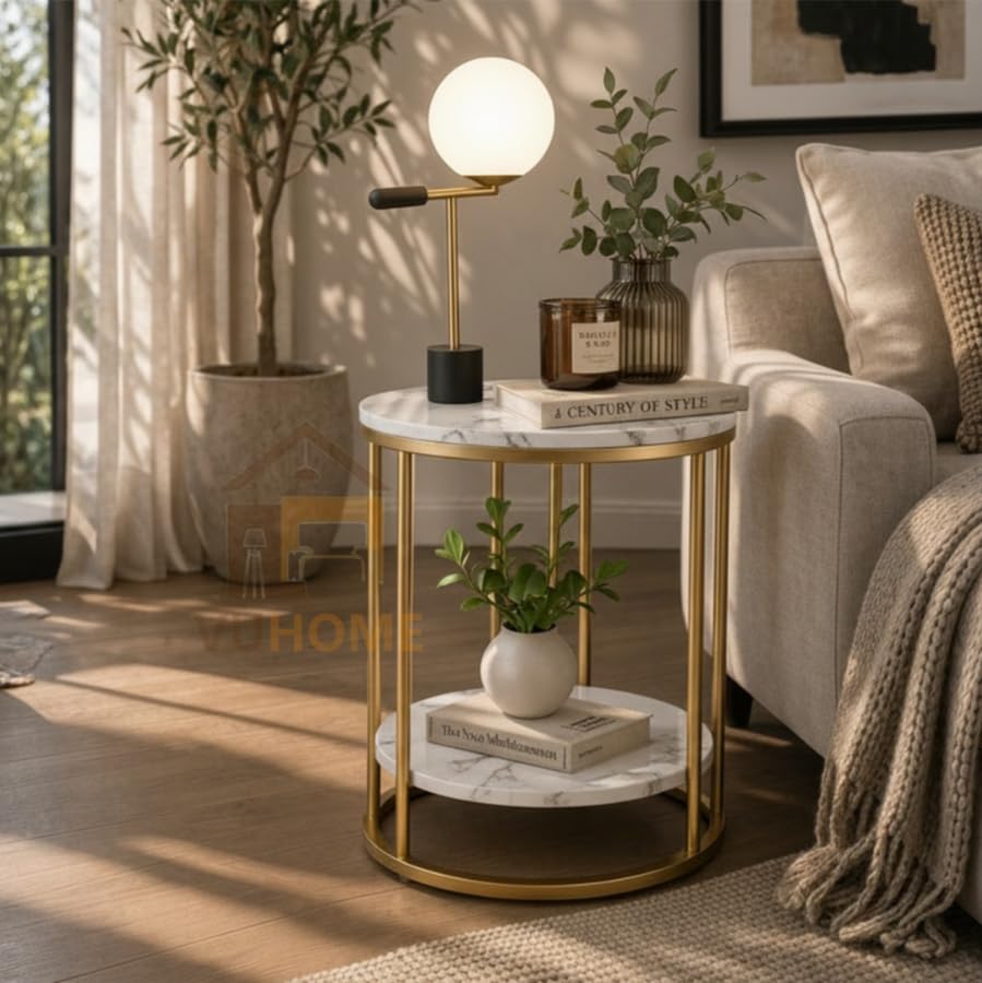 Image of Round Industrial Coffee Table | 2 Tier Rustic MDF Wood Faux Marble Top | Black Metal Frame | Storage Shelf Vintage Centre Furniture for Living Room Bedroom Lounge Office Apartment Home Decor