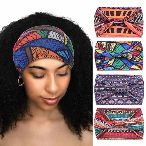 Woeoe Diademas africanas anudadas para yoga y deporte, bufanda ancha elástica para la cabeza para mujeres y niñas (paquete de 4)