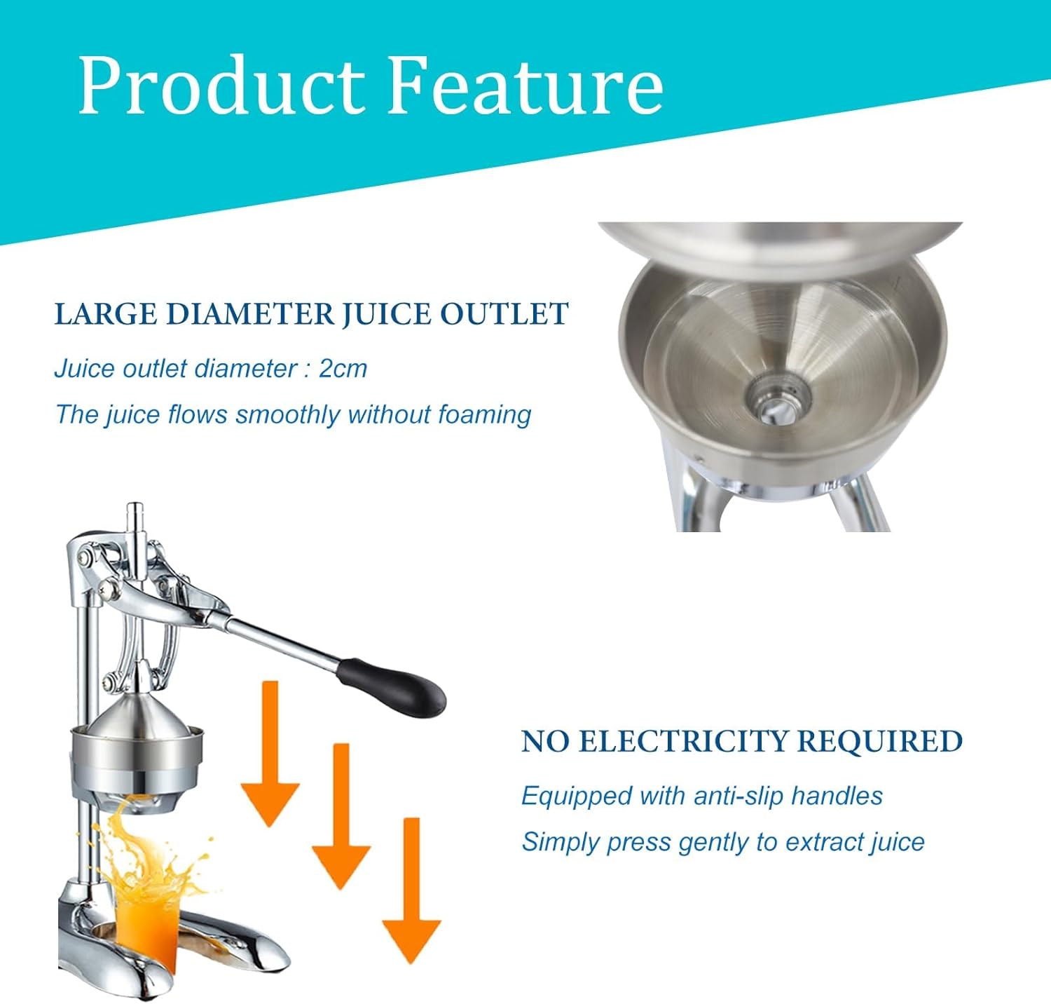 304 Stainless Steel Manual Citrus Juicer with 0.8 Inch Juice Outlet, Commercial Orange Press Squeezer with U Shaped Base, Detachable Easy-Clean, for Home Bar Restaurant Use